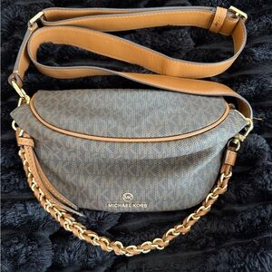 Michael Kors Brown Monogram Crossbody with Gold Chain Detail